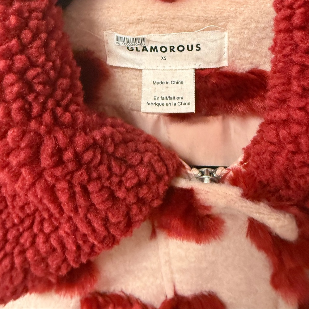 Glamorous faux Sherpa jacket coat pink Merlot red zipper snap front $260 new - Picture 8 of 11